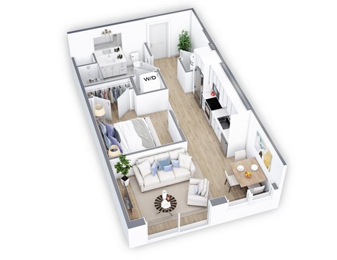 Floor plan for 1 bed, 1 bath, 598 sqft